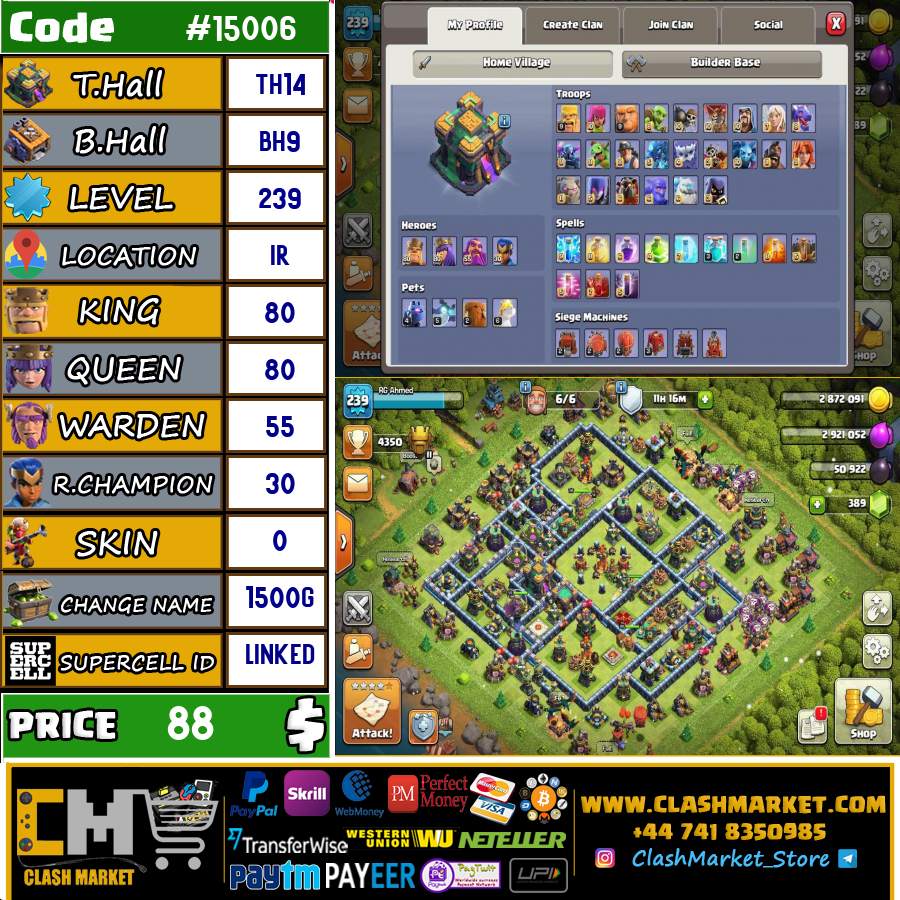 Sell Clash of clans Account TH14 Linked Code 15006