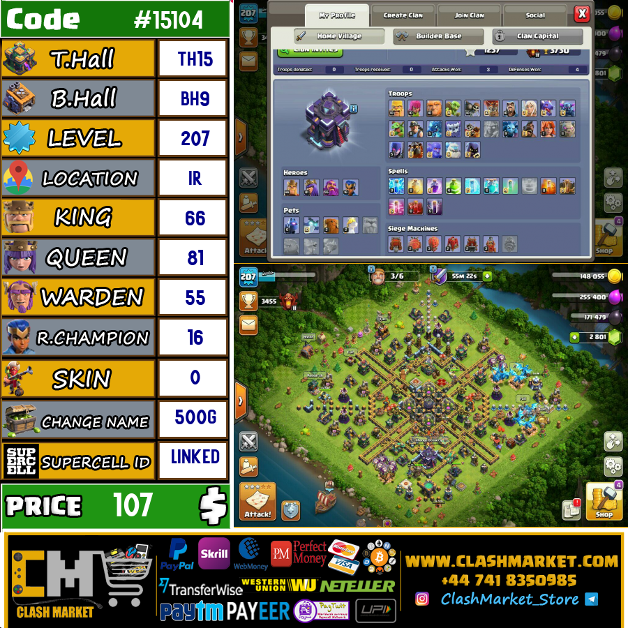 Sell Clash of clans Account TH15 Supercell id Linked Code 15104