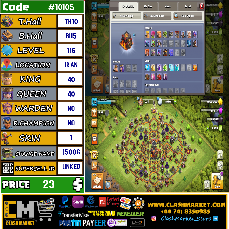 Buy Clash of clans Account TH10 Supercell ID Linked Code 10105