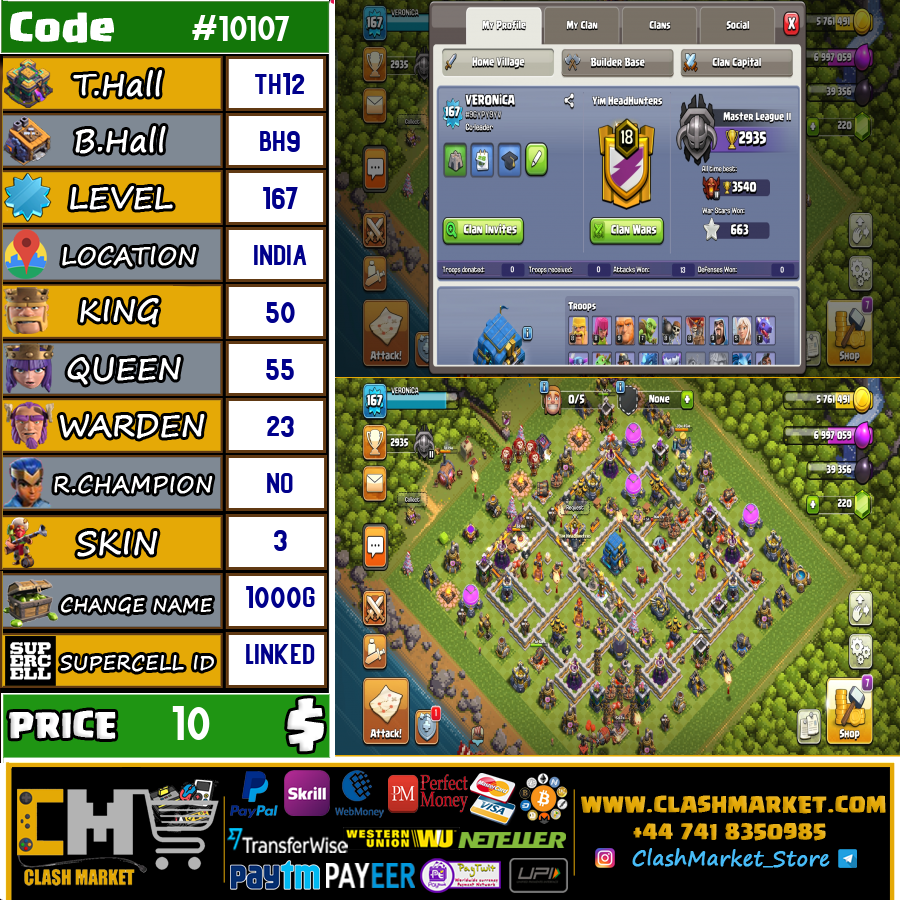 Buy Clash of clans Account TH12 Supercell ID Linked Code 10107