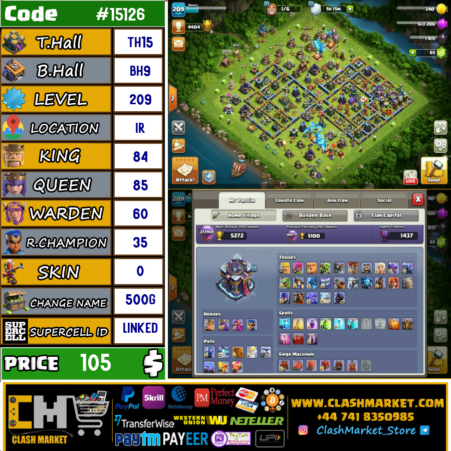 Sell Clash of clans Account TH15 Supercell id Linked Code 15126