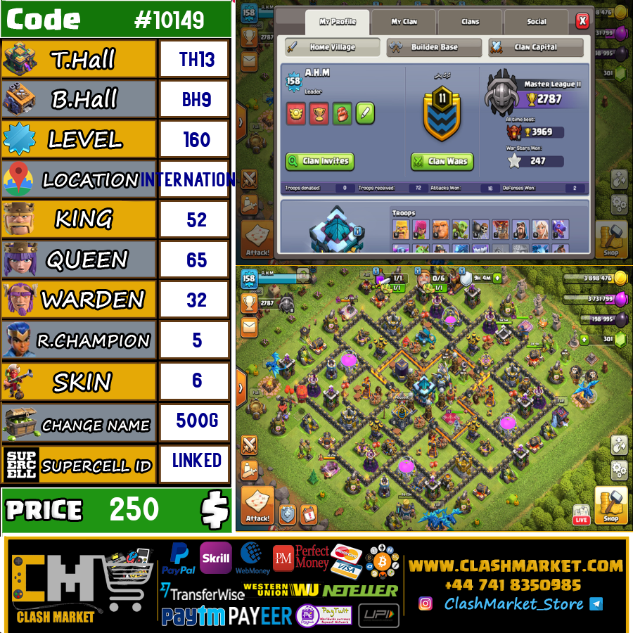 Buy Clash of clans Account TH13 Supercell ID Linked Code 10149